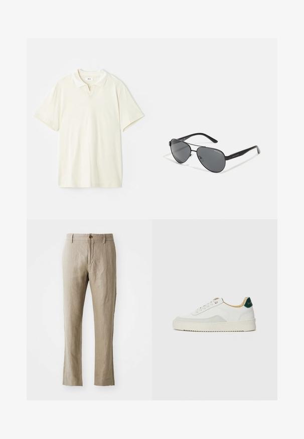 Kremfarget polo skjorte med klassisk krage, korte ermer og en lett v-splitt ved halsåpningen. Glatt tekstur og minimal design.; Beige linbukser med rett snitt, med en front knappelukking og en jevn tekstur. Ingen synlige mønstre eller detaljer.; Hvit sneakers med semsket detaljer, rund tå, flate snøringer og en kremfarget gummisåle. Har grønn merking på hælen.; Svarte pilotbriller med mørke linser, tynn metallramme og slanke plastarmer med logo aksenter.