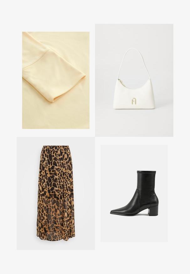 Világos bézs szövet, hajtott ujjakkal, sima textúrával és puha megjelenéssel, kiemelve egyszerűségét és eleganciáját.; Leopárdmintás maxi szoknya barna és fekete árnyalatokban, könnyű anyagból készült, lenge fazonú és rugalmas derékkal.; Fekete, sima bőrből készült bokacsizma, hegyes orral, tömbsarkal, és a felső szélen megkülönböztető kiemelt varrással.; Fehér táska ívelt formával és sima textúrával. Arany színű logó díszítéssel és cipzáros záródással rendelkezik. Állítható vállpánt.; Aranygyűrű sima, ívelt kialakítással, amely összefonódik, fényes felülettel, látható gravírozások vagy díszítések nélkül.