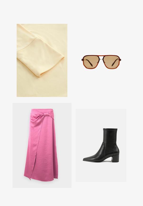 Kangas vaaleanbeige, jossa on taitettu hiha, esittelee sileää pintaa ja pehmeää ilmettä, korostaen sen yksinkertaisuutta ja eleganssia.; Pitkä vaaleanpunainen hame pehmeästä kankaasta, etuosan kietaisusuunnittelulla ja solmittu yksityiskohta vyötäröllä, suoran siluetin omaava.; Mustat nilkkurit, jotka on valmistettu sileästä nahasta, kärjessä on terävä muoto, paksu korko ja selkeästi kohoavat ompeleet yläreunassa.; Ruske oktagonalne sunčane naočale s prozirnim amber okvirom i smeškastim staklima. Imaju metalni naglasak na mostu i tanke strane.; Valkoinen käsilaukku, jossa on kaareva muoto ja sileä pinta. Varustettu kultasävyisellä logo-yksityiskohdalla ja vetoketjukiinnityksellä. Säädettävä olkahihna.; Kultaketjuiset korvakorut, joissa on suorakulmainen muoto, sileä pinta ja pyöristetyt reunat. Varustettu turvallisella sulkimella lisästabiilisuutta varten.