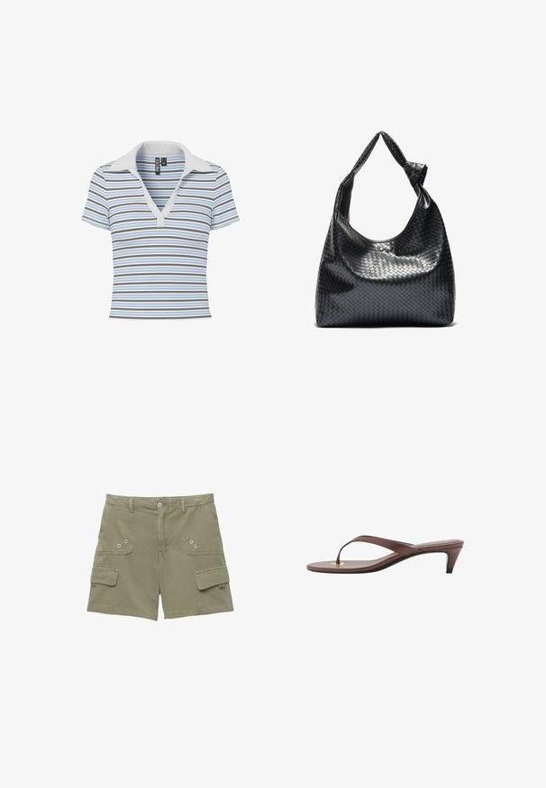 Kurzarm-Polohemd in Hellblau mit horizontalen Streifen in unterschiedlichen Breiten. Verfügt über einen weichen, hellgrauen Kragen und einen tiefen V-Ausschnitt.; Cargo-Shorts aus olivgrünem Baumwollstoff mit zwei vorderen Taschen, einer Seitentasche und Metallknopfverschluss. Glatte Textur und taillierte Passform.; Braune, mit Absatz versehene Flip-Flop-Sandale mit einem schmalen Riemen und abgerundetem Zehensteg, der ein kleines goldfarbenes Akzent auf dem Fußbett aufweist.; Schwarze gewebte Lederhandtasche mit lässigem Design, ausgestattet mit einem geknoteten Trageriemen und einem kleinen dekorativen goldenen Nagel am oberen Rand.