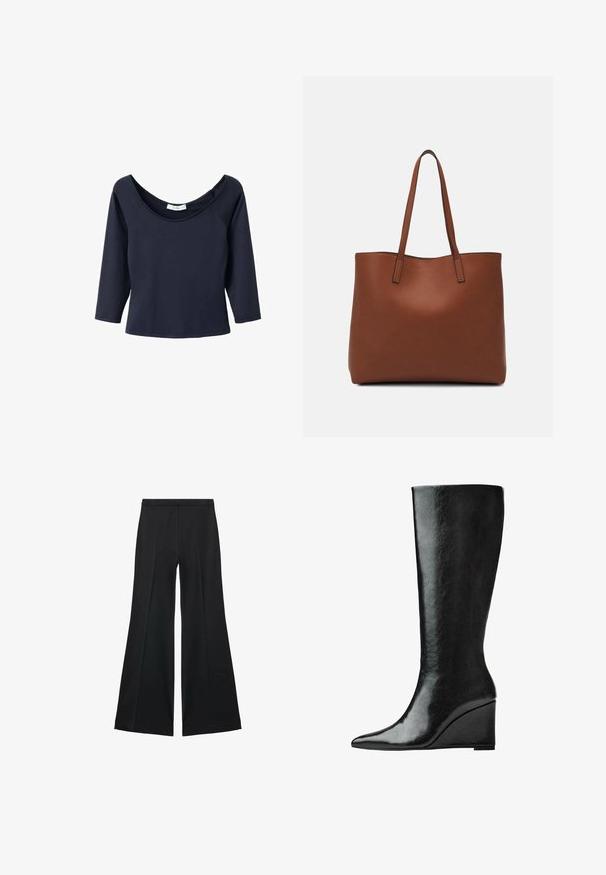 Mornarsko modra majica s 3/4 rokavi in širokim izrezom, izdelana iz mehkega blaga. Ima raglan rokave in ravno rob.; Črne široke hlače z gladko teksturo, ki imajo sprednje nabore in kroj po meri. Tkanina je lahka in zračna.; Črne usnjene škornje do kolen s sleek, koničastim nosom in klinastim peto. Površina je gladka z sijočim slojem.; Rjava usnjena torba z gladko teksturo, odprto zasnovo zgoraj in dvema naramnima trakovoma. Opremljena je z minimalnim šivanjem in brez vidnih kovinskih delov.