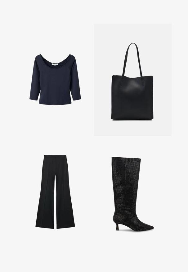 Marineblauwe top met 3/4 mouwen en een brede scoop hals, gemaakt van zachte stof. Bevat raglanmouwen en een rechte zoom.; Zwarte wijde-pijpen broek met een gladde textuur, gekenmerkt door voorplooien en een op maat gemaakte uitstraling. De stof is lichtgewicht en vloeiend.; Zwarte kniehoge laarzen met een geweven gaasontwerp, spitse neus en een kleine blokhak. Beschikt over een gestructureerd oppervlak en lichtgewicht materiaal.; Zwarte leren handtas met een gladde textuur, rechthoekige vorm en twee lange handvaten. Geen zichtbare hardware of versieringen.
