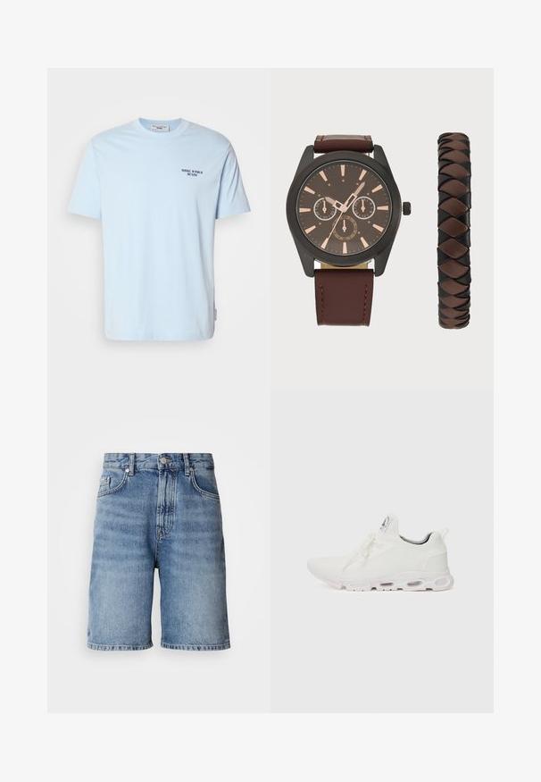 Gai zils kokvilnas T-kreklis ar apaļu kakla izgriezumu, īsām piedurknēm un mazu tumšu drukāšanu, kas uz krūšu daļas teikts "MARC O’POLO DENIM".; Gaiši zili džinsu šorti ar vidēja augstuma jostu, piecām kabatām un taisnu griezumu. Izbalējusi krāsa ar smalkām izsistēm uz priekšpuses.; Baltas sporta apavi ar teksturētu adītu augšdaļu, platiem auklām un mīkstinātu zoli ar redzamām gaisa kamerām papildu atbalstam.; Pier One SET - Pulkstenis - black/brown