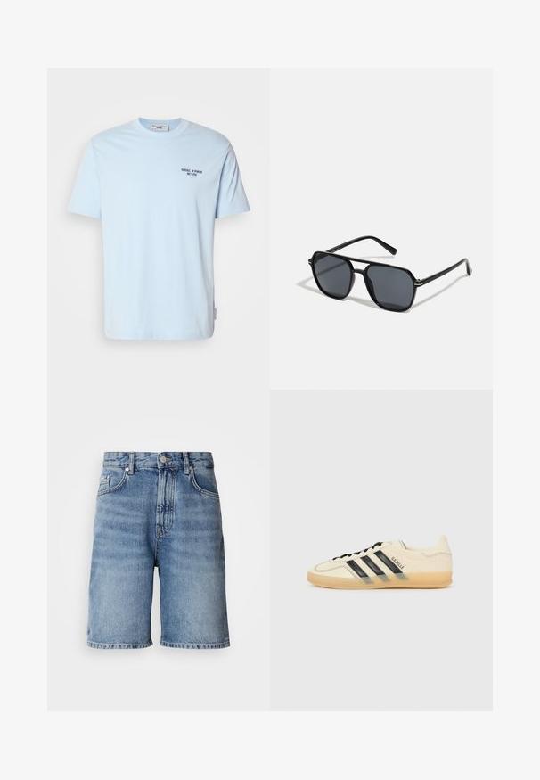 T-shirt de algodão azul claro com gola redonda, apresentando mangas curtas e uma pequena impressão escura que diz "MARC O’POLO DENIM" no peito.; Shorts de ganga azul claro com uma cintura de altura média, cinco bolsos e um corte reto. Lavagem desgastada com leves linhas de desgaste na parte da frente.; Sapatilhas de creme claro com design de três riscas pretas, parte superior texturizada, bico redondo e sola de borracha. Apresenta atacadores e uma marca na lateral.; Óculos de sol pretos com armação octogonal, lentes escuras, acabamento brilhante, hastes finas e detalhes em dourado na parte frontal.