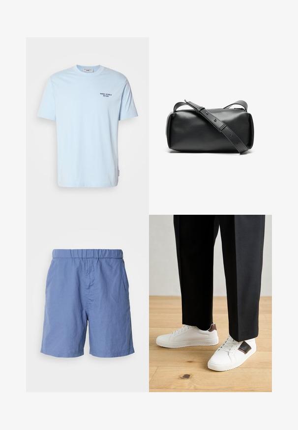 Világoskék pamut környakú póló, rövid ujjakkal, amelyen egy kicsi sötét nyomat található, amelyen az áll: "MARC O’POLO DENIM".; Kék, könnyű nadrág, rugalmas derékkal, sima elülső résszel és oldalsó zsebekkel. Puha, légies anyagból készült, amely alkalmas meleg időjárásra.; Fehér sneaker, sima textúrával, barna bőr díszítéssel és fekete részletekkel, fekete szabott nadrággal párosítva. Fából készült padló háttér.; Fekete bőr keresztpántos táska hengeres formában, cipzáros záródással és állítható pánttal. Simább felület minimalista dizájn részletekkel.