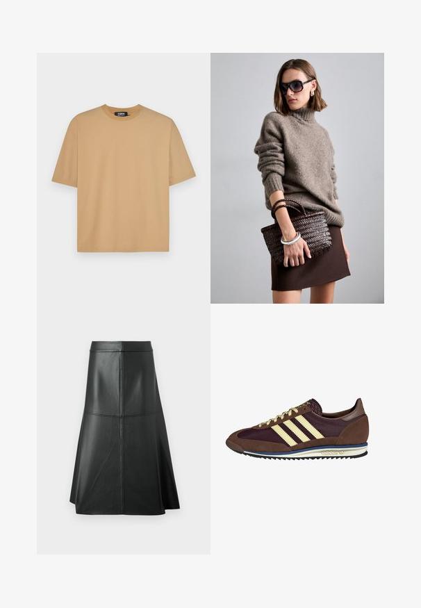 Bež majica iz bombaža s kružnim izrezom, kratkimi rokavi in sproščenim krojem. Gladka tekstura z šivanjem ob robu in rokavih.; Črna usnjena krila v obliki črke A, gladka tekstura, dolžina do sredine tele, z vodoravnimi šivi na pasu in šivih za dodatno strukturo.; Rjavi in rdeče-burgundske teniske iz usnja in mrežastega materiala, ki imajo tri smetane stripe, teksturirano blago na jeziku in gumijast podplat.; DRAGON DIFFUSION MINI FLAT GORA - Torbica - dark brown