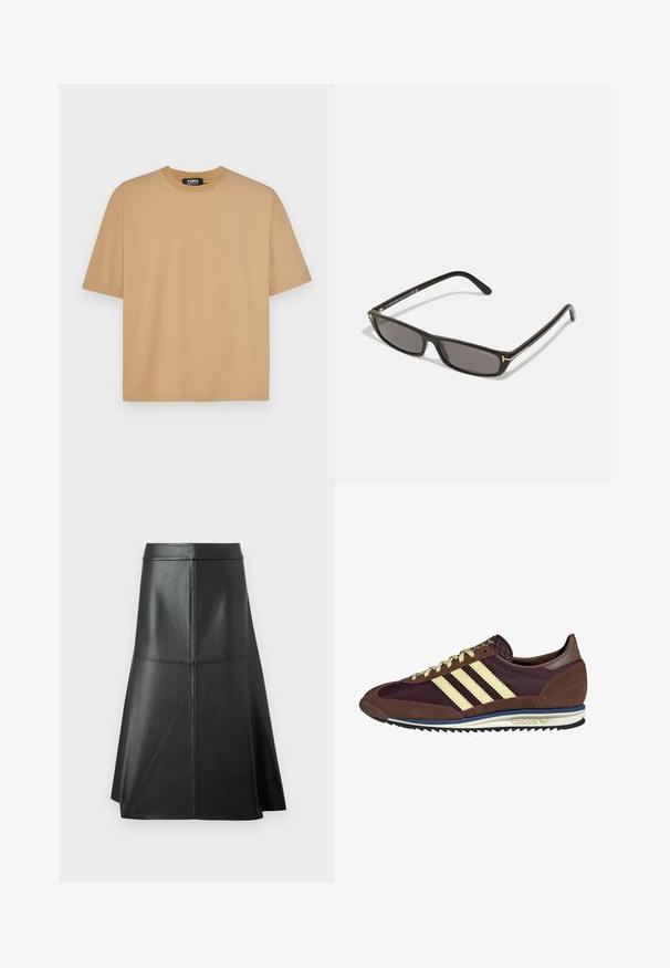 Beige cotton t-shirt with a crew neckline, short sleeves, and a relaxed fit. Smooth texture with stitching along the hem and sleeves.; Black leather A-line skirt, smooth texture, mid-calf length, features horizontal stitching detail at the waist and seams for added structure.; Brown and burgundy sneaker with suede and mesh materials, featuring three cream stripes, textured fabric on the tongue, and a rubber sole.; Black rectangular sunglasses with dark lenses. Plastic frame with a matte finish. Gold accents on the arms and logo branding.