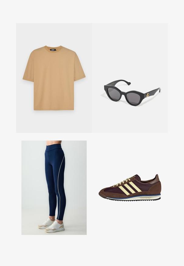 Beige Baumwoll-T-Shirt mit einem Rundhalsausschnitt, kurzen Ärmeln und einem lockeren Schnitt. Sanfte Textur mit Nähten entlang des Saums und der Ärmel.; Marineblaue Leggings mit hohem Bund, mit einem weißen Seiteneinsatz, aus elastischem Material. Kombiniert mit weißen und beigen Sneakers.; Braune und burgunderfarbene Sneaker aus Wildleder und Mesh-Materialien, mit drei cremefarbenen Streifen, strukturiertem Stoff an der Zunge und einer Gummisohle.; Schwarze Sonnenbrille mit einem eckigen Katzenaugen-Design, ausgestattet mit dunkeltönenden Gläsern. Goldene Logo-Akzentuierung an dem Bügel. Glatter Kunststoffrahmen.
