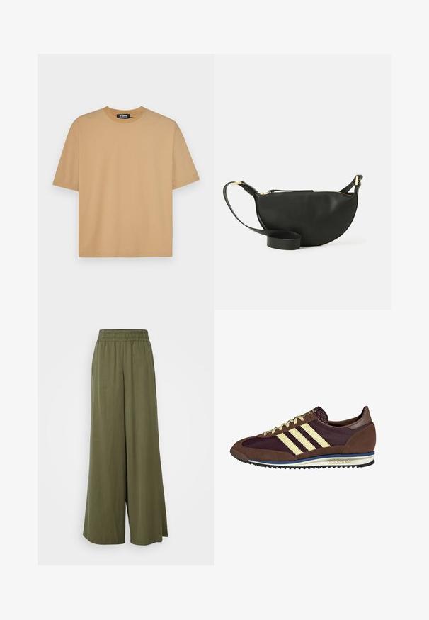 Beige cotton t-shirt with a crew neckline, short sleeves, and a relaxed fit. Smooth texture with stitching along the hem and sleeves.; DRYKORN CEILING - Trousers - green; Brown and burgundy sneaker with suede and mesh materials, featuring three cream stripes, textured fabric on the tongue, and a rubber sole.; Black leather crossbody bag with half-moon shape, textured surface, gold zipper, and a flat strap. Compact design suitable for essentials.; Silver metal earrings with a smooth, teardrop shape and a polished finish. Subtle engravings add detail. Minimalist design.