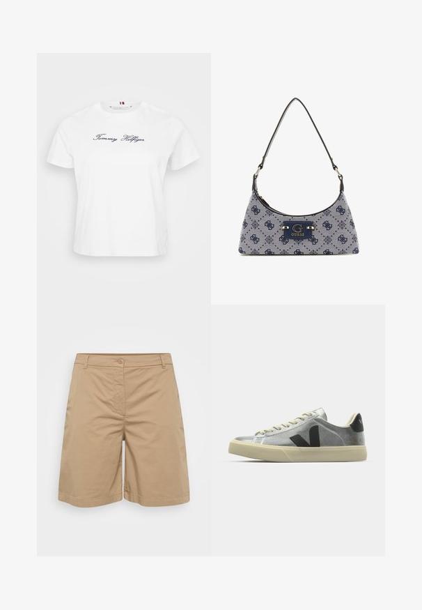 Hvid bomulds t-shirt med korte ærmer, udstyret med et marineblåt broderet "Tommy Hilfiger" logo på fronten. Rund crew halsudskæring.; Khaki shorts lavet af blødt bomuldsblandingsmateriale, med et lige ben design, knaplukning og forlommer.; Sølv sneakers med en tekstureret overflade, sort logo på siden og en neutral-tonet sål. Har beige snørebånd og et afrundet tådesign.; Hobo-stil håndtaske i mørkeblå stof med diamantmønster, der har en logo-plade og en glat skulderrem. Teksturoverflade.