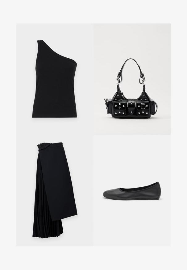 Top de tanque preto com um ombro, com um design justo e textura suave. Apresenta um corte limpo e minimalista e um decote suave.; Saia preta plissada feita de um tecido leve. Apresenta um design de cintura drapeada e uma silhueta fluida com plissados em camadas.; Bailarina preta em pele com bico arredondado, textura suave, detalhe de costura minimalista e design de sola flexível.; Bolsa de couro preta com um design curvado, apresentando tachas prateadas, uma fivela e dois bolsos laterais. Alça ajustável para opções de transporte.