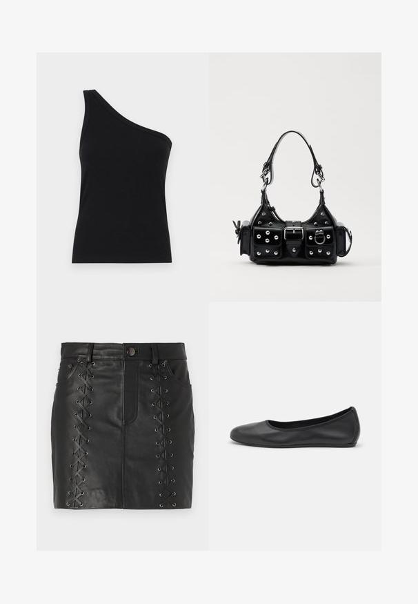 Schwarzes, geripptes Tanktop mit einem Schulterdesign, tailliert und aus einem weichen Material gefertigt. Es hat einen klaren, minimalistischen Schnitt und einen glatten Halsausschnitt.; Schwarzer Leder-Minirock mit Schnürungs-Details an den Seiten und Metallösen, Five-Pocket-Design und einer figurschmeichelnden Silhouette.; Schwarze Leder-Ballettschuhe mit abgerundeter Spitze, glatter Textur, minimalen Nähdetails und einem flexiblen Sohlen-Design.; Schwarze Lederhandtasche mit einem geschwungenen Design, verziert mit silbernen Nieten, einer Schnalle und zwei seitlichen Taschen. Verstellbarer Träger für verschiedene Tragemöglichkeiten.