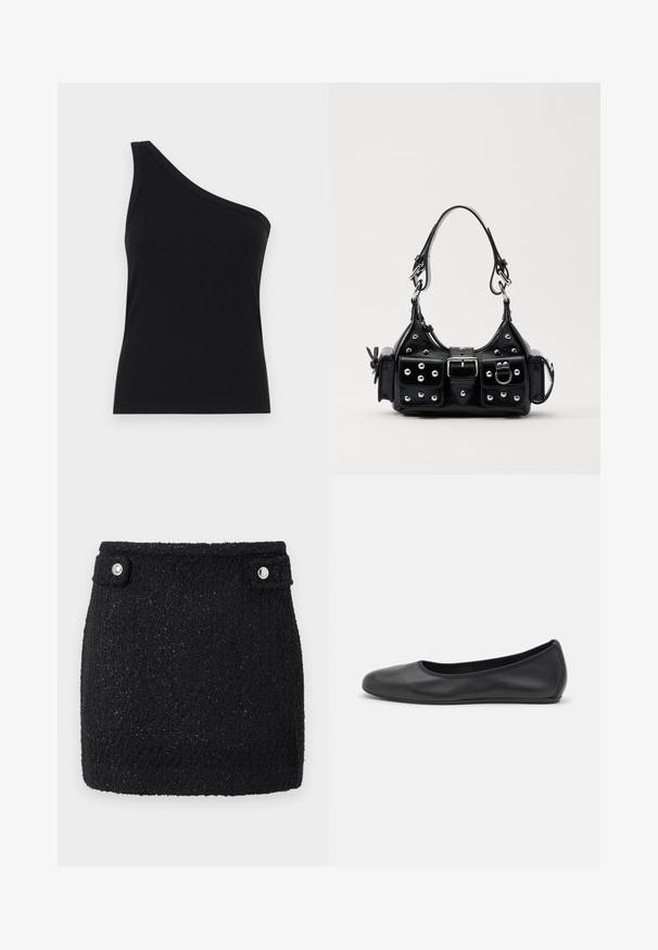 Zwarte ribbel tanktop met één schouder, met een aansluitend ontwerp en een zachte textuur. Kenmerkt zich door een strakke, minimalistische snit en een soepele halslijn.; Zwarte mini-rok van gestructureerde stof met een subtiele glans. Bevat twee zilveren drukknoopjes bij de tailleband voor sluiting.; Zwarte leren ballerina met een ronde neus, gladde textuur, minimale stikdetails en een flexibele zoolontwerp.; Zwarte lederen handtas met een gebogen ontwerp, voorzien van zilveren studs, een gesp en twee zijvakken. Verstelbare schouderband voor verschillende draagmogelijkheden.