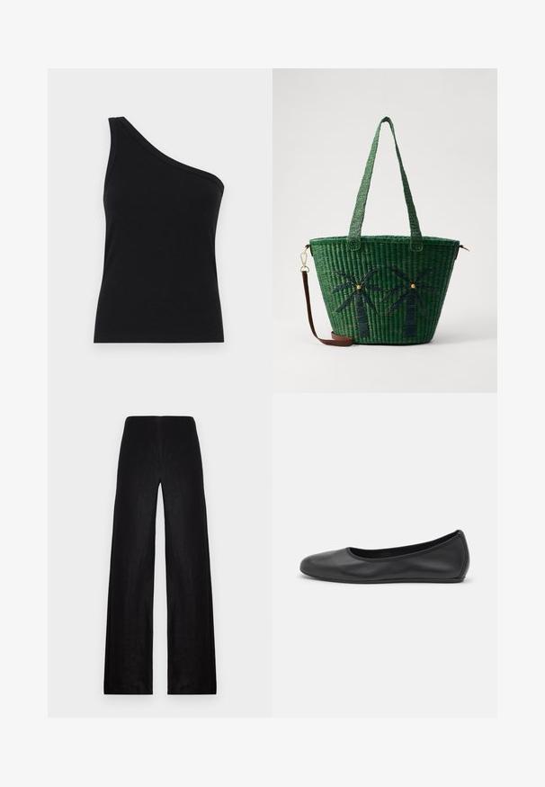 En-skulder svart ribbet tanktop med en tettsittende design og myk tekstur. Har en ren, minimal kutt og jevn halslinje.; Svarte vide bukser laget av lett stoff. Har høy midje, glatt tekstur og rene linjer uten lommer eller dekorasjoner.; Svart skinnballettflatt med rund tå, glatt tekstur, minimal sømdetalj, og et fleksibelt såledesign.; Grønn vevd totebag med palme-design i mørkere grønn; har to håndtak og et avtakbart belte i brunt lær.
