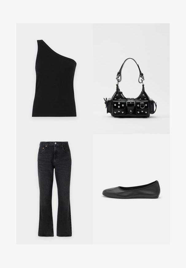 Vienu plecu melns ribots topiņš ar pieguļošu dizainu un mīkstu tekstūru. Iezīmējas ar tīru, minimālu griezumu un gludu apkakli.; Melni platāki džinsi, kas izgatavoti no denima, ar augstu jostasvietu, priekšējām kabatām un varšacīru akcentiem. Gluda tekstūra ar minimālu izbalēšanu.; Melna ādas baleta kurpe ar noapaļotu purngalu, gludu tekstūru, minimālu šuvju detalizāciju un elastīgu zoles dizainu.; Melnas ādas rokturmais ar izliekumu, ar sudraba iedurtiem, sprādzi un divām sānu kabatām. Regulējams siksniņas garums dažādām nēsāšanas iespējām.