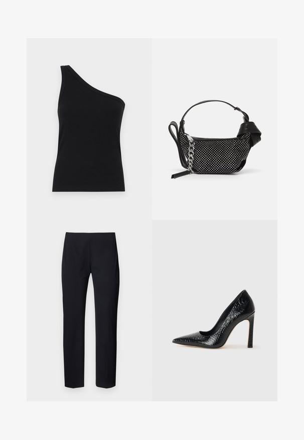 One-shoulder black ribbed tank top with a fitted design and soft texture. Features a clean, minimal cut and smooth neckline.; Black tailored pants with a slim fit, featuring a smooth texture and a flat front design. No visible pockets or hardware details.; Black pointed-toe high heel shoe with a crocodile-skin texture, featuring a sleek design, high stiletto heel, and smooth black interior.; Black handbag featuring studded embellishments, a chain strap, and a smooth leather handle, with a rounded shape and zipped compartment.
