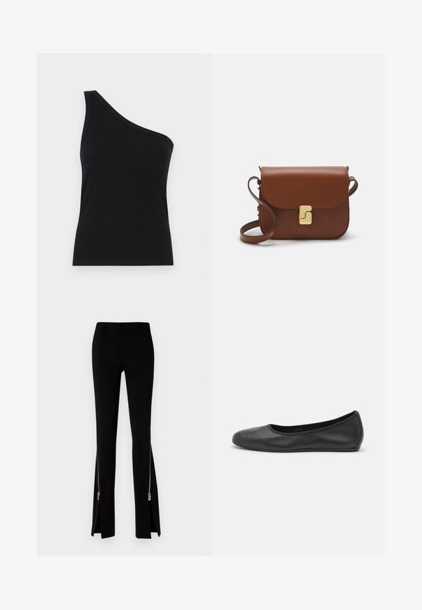 Ühe õla must ribakanga tank top, millel on vormikujundus ja pehme tekstuur. Omab puhtat, minimalistlikku lõiget ja sujuvat kaelust.; DSQUARED2 ICON TRUMPET PANT - Püksid - black; Musthave mustika tantsutossud mustast nahast, ümmarguse varbaga, siledast tekstuurist, minimaalse õmblusdetailiga ja paindliku tallakujundusega.; Pruunist nahast käekott, millel on klapiga sulgur, kuldne riistvara, õlarihm ja sile tekstuur. Kompaktne ristkülikukujuline vorm.