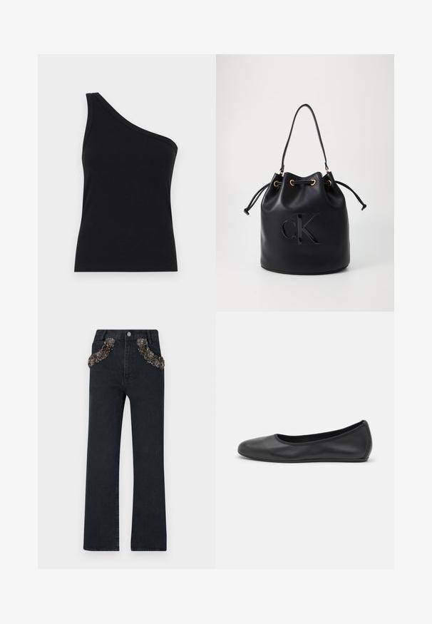 Ühe õla must ribakanga tank top, millel on vormikujundus ja pehme tekstuur. Omab puhtat, minimalistlikku lõiget ja sujuvat kaelust.; Tumed sinine teksapüksid sirge jala disainiga, millel on kaunistatud taskud keerukate helmeste ja säravate kõrvarõngaste detailidega.; Musthave mustika tantsutossud mustast nahast, ümmarguse varbaga, siledast tekstuurist, minimaalse õmblusdetailiga ja paindliku tallakujundusega.; Mustast nahkakoti, millel on nööriga sulgemine, esiküljel läikiv "CK" logo ja kuldse tooni dekoratiivsed detailid.