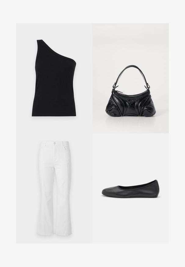 Juosmens juodos spalvos ribotuvas su viena petnešėle, tinkamu dizainu ir minkšta tekstūra. Išskirtinis švarus, minimalistinis kirpimas ir sklandus iškirpimas.; Baltos platėjančios džinsai su aukštu liemeniu, priekinėmis kišenėmis ir neapdirbtu kraštu. Pagaminti iš džinsinio audinio su lygiu paviršiumi ir minimalistine siuvimo detale.; Juodai odiniai baletai su apvaliu pirštu, lygi texture, minimalus siuvimo detales ir lanksčiu padų dizainu.; Juodas rankinukas, pagamintas iš tekstūruotos odos, su suapvalinta forma. Jame yra plonas peties diržas ir dekoratyviniai įspausti raštai.