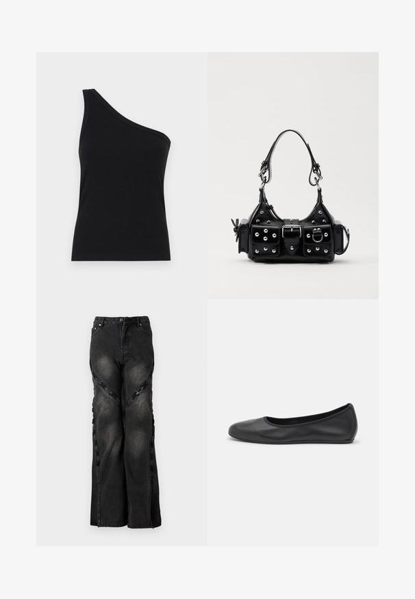 Løsningstanktop med en skulder i sort ribbet stof, der har et tætsiddende design og blød tekstur. Har en ren, minimalistisk skæring og en glat halsudskæring.; Sorte denimjeans med en vid benudskæring, der har kædeaccentuer langs sidesømmene og en knap- og lynlåslukning i taljen.; Sort læderballetsko med rund tå, glat tekstur, minimal syning og et fleksibelt såldesign.; Sort læderhåndtaske med et buet design, prydet med sølvfarvede nitter, en spænde og to sidelommer. Justerbar rem til forskellige bære muligheder.