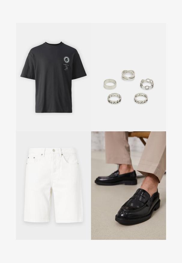 Czarny bawełniany t-shirt z krótkim rękawem, okrągłym dekoltem i grafiką słońca i księżyca z napisem "Le Soleil et La Lune."; Białe szorty denimowe o prostym kroju, z zapięciem na guzik z przodu, pięcioma kieszeniami i subtelnymi detalami w szwie.; Czarne skórzane mokasyny o gładkim wykończeniu, z dekoracyjnym paskiem i kontrastowym szwem, w połączeniu z beżowymi spodniami.; Zestaw pięciu srebrnych pierścionków o różnych wzorach: gładka obrączka, skręcony wzór, pleciona faktura oraz dwa z wyciętymi akcentami.