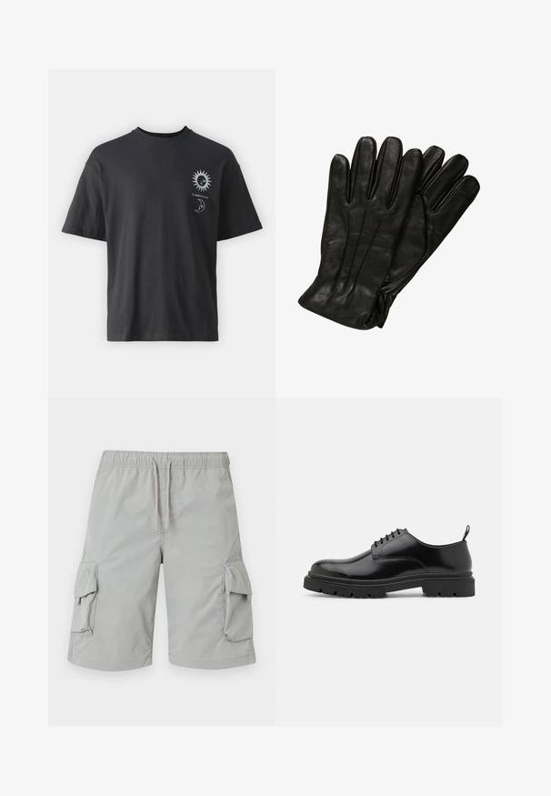 Juodas medvilninis marškinėliai su trumpomis rankovėmis, apvalia iškirpte ir priekiniais atvaizdais saulės ir mėnulio su tekstu "Le Soleil et La Lune."; Šviesiai pilki cargo šortai su elastingu juosmeniu, virvutės uždarymu ir dviem didelėmis šoninėmis kišenėmis. Glotni, lengva medžiaga.; Juodos odinės šlepetės su raišteliais, su suapvalintu pirštu, lygiu paviršiumi ir griūvančiu guminiu padu. Yra nedidelis kulniukas ir kilpa gale.; Juodos odinės pirštinės su lygiu paviršiumi, penkiomis pirštų dalimis ir subtiliais siuvinėjimo akcentais. Klasikinis dizainas, tinkantis šaltu oru.