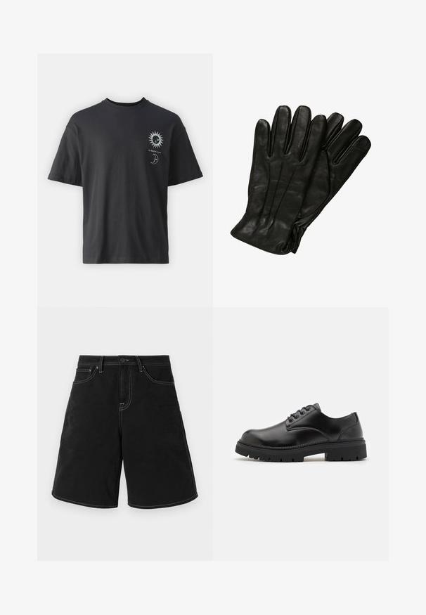 Schwarzes Baumwoll-T-Shirt mit kurzen Ärmeln, Rundhalsausschnitt und Vordergrafik eines Sonnen- und Mondmotivs, begleitet von dem Text "Le Soleil et La Lune."; Schwarze Jeans-Shorts mit geradem Schnitt, mit kontrastierendem weißen Nähten, vorderen Taschen und einem Knopfverschluss. Glatte Textur.; Schwarze Lederschuhe mit runder Zehenform, Schnürdesign und einer dicken, strukturierten Gummisohle. Sie verfügen über eine Naht entlang des Randes und haben eine glatte Oberfläche.; Schwarze Lederhandschuhe mit glatter Textur, fünf Fingern und dezenten Nähdetails. Klassisches Design, geeignet für den Einsatz bei kaltem Wetter.