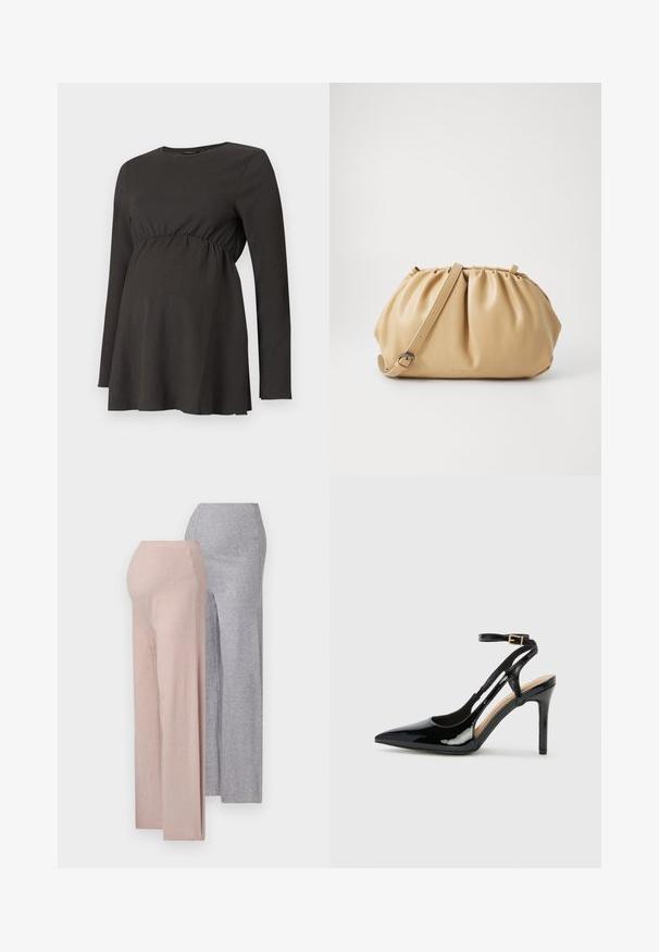 Schwarzes langärmliges Stilloberteil mit gerafftem Bund und leichter A-Form unter der Brust, aus strukturiertem Stoff gefertigt.; Zwei Paare weit geschnittener Hosen, einmal in Hellrosa und einmal in Hellgrau, aus einem weichen, gerippten Strickstoff, mit einem hohen Bund.; Schwarze Patentleder-High-Heel-Slingback-Pumps mit spitzem Zeh, verstellbarem Knöchelriemen und offenen Seiten. Glatte Textur.; Tasch in hellbraunem Leder mit gefälteltem Design, verstellbarem Tragegurt und runder Form. Minimalistische Markenkennzeichnung auf der Vorderfläche.