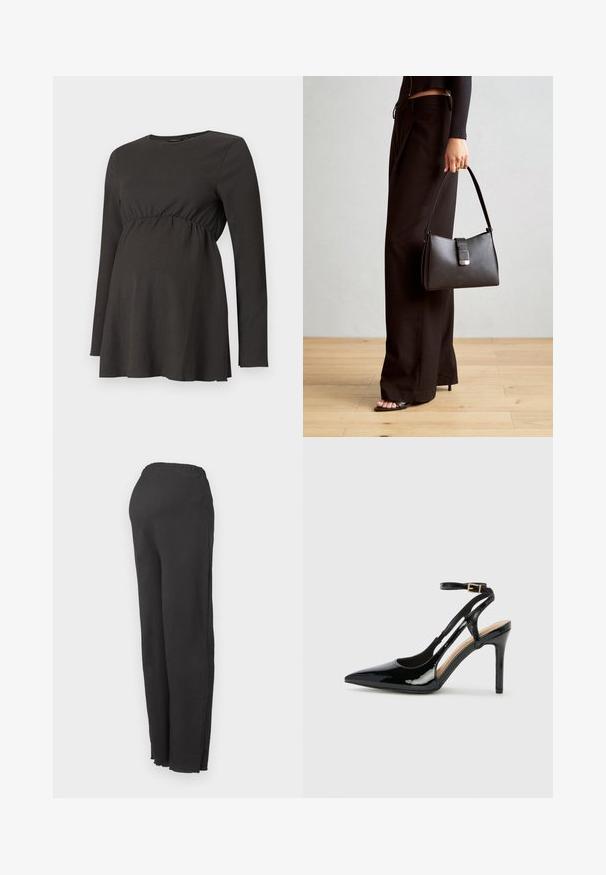 Maglietta da maternità nera a maniche lunghe con vita arricciata e leggero svaso sotto il seno, realizzata in tessuto strutturato.; Pantaloni neri a vita alta con elastico in vita e taglio dritto, mostrati su uno sfondo bianco semplice.; Scarpa con tacco alto in vernice nera, cinturino alla caviglia regolabile e punta affilata, con lati aperti. Texture liscia.; Borsa nera con forma strutturata, texture liscia e una chiusura metallica. Abbinata a pantaloni neri larghi e sandali open-toe su un pavimento in legno.