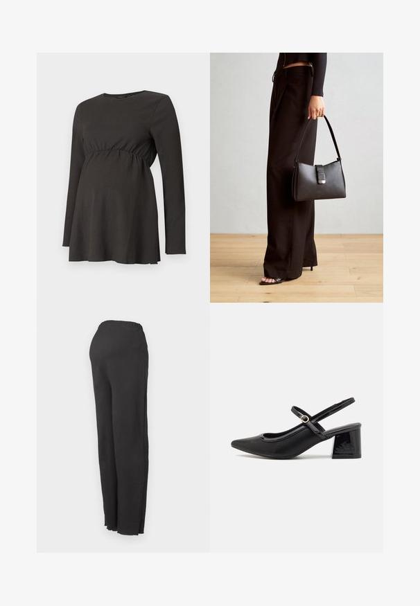 Crna dugih rukava majica za trudnice s nabranu strukom i laganim izbačenjem ispod grudi, izrađena od teksturiranog materijala.; Crne hlače visokog struka s elastičnim pojasom i ravnim krojem, prikazane na praznoj bijeloj pozadini.; Crne lakirane slingback visoke potpetice s šiljastim vrhom, zaobljenim izrezom i blok potpeticom. Sadrži akcent zlatnog tona s kopčom.; Crna torba s oblikom koji sadrži strukturu, glađu teksturu i metalnu kopču. Uparena s širokim crnim hlačama i sandalama na otvorenom s drvenog poda.