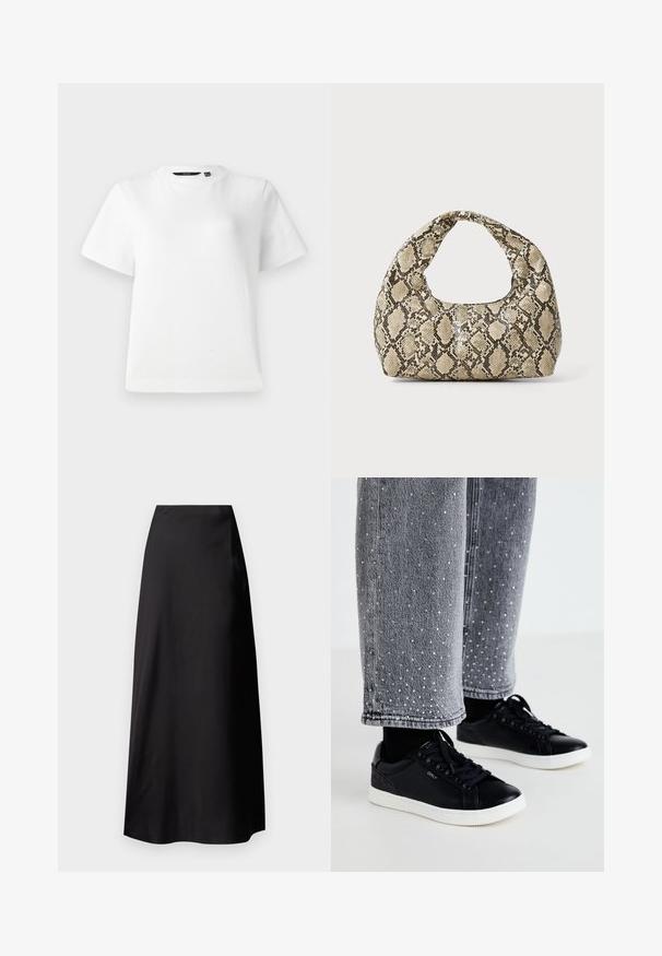 Bijela kratka majica s kratkim rukavima od glatkog pamučnog materijala, s okruglim izrezom i opuštenim krojem s šivenim rubovima.; Crna saten maxi suknja s glatkom teksturom, visokim strukom, lepršavim siluetom i bez vidljivih uzoraka ili metalnih detalja.; Crne kožne tenisice s bijelim gumenim potplatima i teksturiranim detaljima. Uparene s sivim trapericama ukrašenim srebrnim točkicama.; Torba s uzorkom zmije s zakrivljenom drškom. Izrađena od teksturiranih materijala u bež i smešnim tonovima, sa karakterističnim dijamantnim uzorkom.