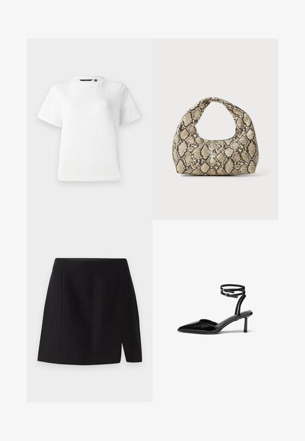 Tricou alb cu mânecă scurtă, dintr-un material de bumbac fin, cu guler rotund și o croială lejeră, având tivuri cusute.; Fustă mini neagră, realizată dintr-un material neted, cu un talie ajustată și o fanta frontală care adaugă o notă modernă designului său simplu.; Pantof cu toc înalt din piele neagră, cu vârf ascuțit și curea la glezna. Are un design elegant și un toc subțire de 5 cm. Textură netedă.; Geantă cu imprimeu de șarpe, având un mâner curbat. Fabricată din materiale texturate, bej și maronii, cu un model distinctiv în formă de diamant.