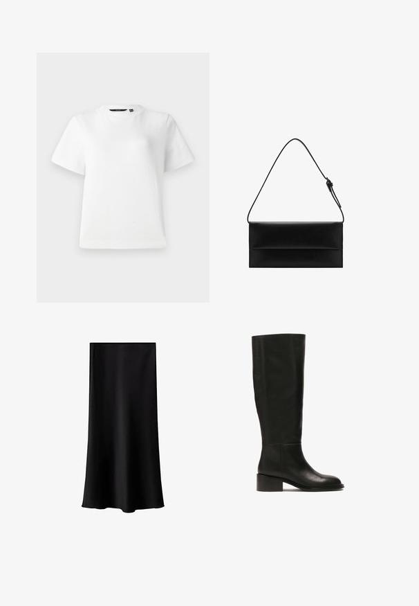 Bijela kratka majica s kratkim rukavima od glatkog pamučnog materijala, s okruglim izrezom i opuštenim krojem s šivenim rubovima.; Crna midi suknja napravljena od glatkog, laganog materijala. Ima ravni kroj, bez vidljivih metalnih dijelova i jednostavan dizajn bez uzoraka.; Visoka crna kožna čizma s okruglim vrhom i niskim četvrtastim potplatom. Ima glatku teksturu i jednostavan dizajn.; Mango Ručna torba - black