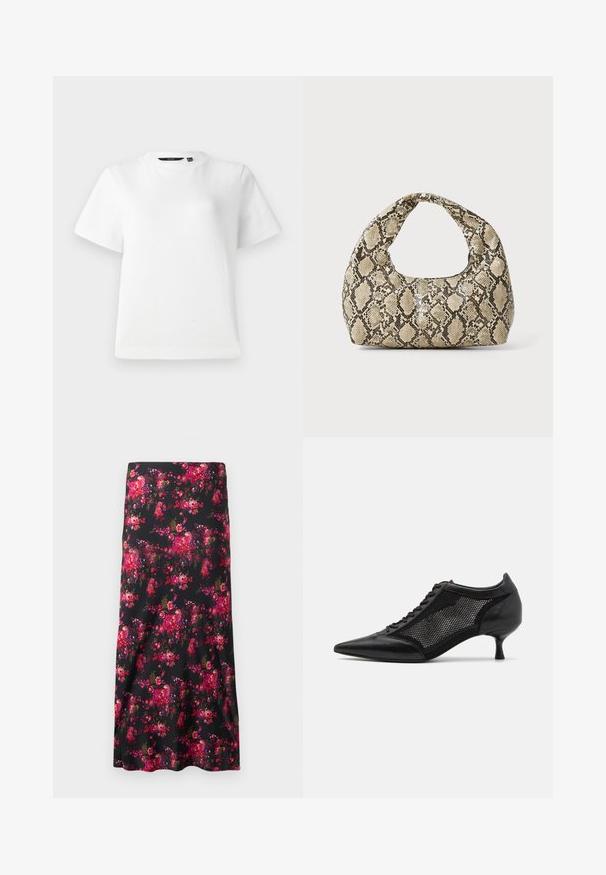 T-shirt blanc à manches courtes en tissu de coton lisse, avec un col rond et une coupe décontractée, ornée de coutures sur les bords.; Jupe midi florale noire, dotée d'un motif vibrant de fleurs roses et rouges. Tissu lisse, forme évasée, avec un ourlet large.; Chaussure noire à bout pointu avec un design en panneau en maille, présentant un petit talon et un laçage à l'avant. Fabriquée à partir d'une combinaison de cuir et de matériau en maille.; Sac à main en motif serpent avec une poignée incurvée. Fabriqué à partir de matériaux texturés beiges et bruns, présentant un motif en diamant distinctif.