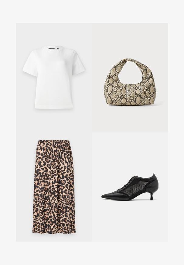 Valkoinen lyhythihainen T-paita, joka on valmistettu sileästä puuvillakankaasta. T-paidassa on pyöreä kaula-aukko ja rento istuvuus, jossa on ommellut saumat.; Hame leopar desenli bej ve siyah, hafif kumaştan yapılmıştır. Esnek bel bandı ve akışkan A-kesim tasarımıyla dikkat çekmektedir.; Mustat kärjetossut, joissa on verkkopaneeli, matala korko ja nauhanytkytys edessä. Valmistettu nahka- ja verkkokombinaatiosta.; Käärmeennahkakuosiset käsilaukku, jossa on kaareva kahva. Tehty teksturoiduista beigeistä ja ruskeista materiaaleista, joissa on erottuva timanttikuvio.
