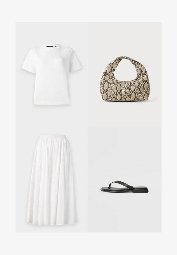 Hvit kortermet T-skjorte laget av glatt bomullsstoff, med rund hals og en avslappet passform med sømmer.; Hvit, knelang skjørt laget av lett materiale, med elastisk midje og en svakt utsvingende, plisserte design.; Sorte flip-flop laget av glatt lær, med en tynn stroppdesign og en flat såle med et minimalistisk utseende. Ingen bemerkelsesverdige mønstre eller aksenter.; Veske med slangeskinnmønster og krummet håndtak. Laget av teksturerte, beige og brune materialer, med et særegent diamantmønster.