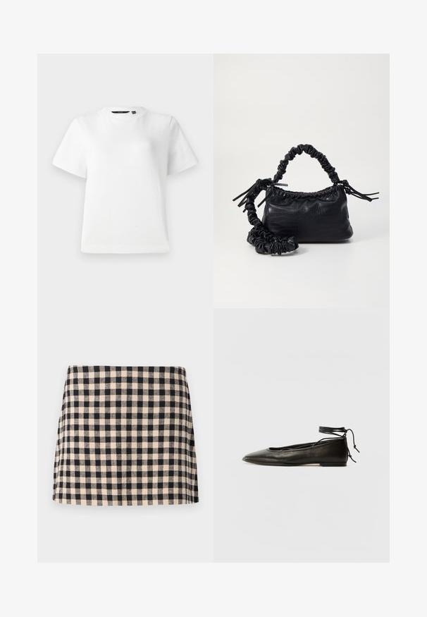 Hvit kortermet T-skjorte laget av glatt bomullsstoff, med rund hals og en avslappet passform med sømmer.; Svart og kremfarget rutete skjørt med rett snitt, med en glatt tekstur og en kant som sitter over kneet. Ingen metallisk tilbehør eller detaljer.; Svarte lær balletflater med spiss tå, ankelbånd og flat såle, som har en glatt tekstur og minimalistisk design.; Svart faux skinn-håndveske med krokodilletekstur, strammet topp og en rynket stropp. Ser myk og kompakt ut i designen.