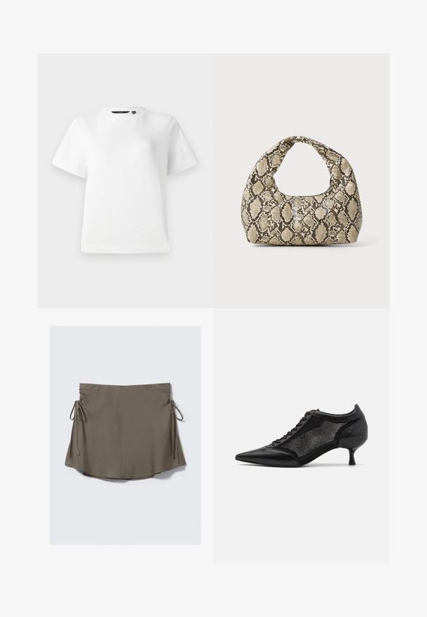 White short-sleeve T-shirt made of smooth cotton fabric, featuring a crew neckline and a relaxed fit with stitched hems.; Brown short skirt with adjustable side ties and gathered detailing on both sides, displayed against a plain white background.; Black pointed-toe shoe with a mesh panel design, featuring a low heel and lace-up front. Made from a combination of leather and mesh material.; Snake-print handbag with a curved handle. Made from textured, beige and brown materials, featuring a distinctive diamond pattern.