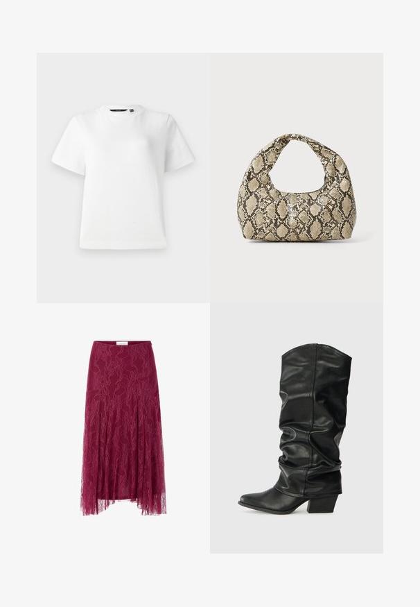 Bílá krátkosrstvá tričko vyrobené ze hladké bavlněné látky, s kulatým výstřihem a uvolněným střihem s prošitými okraji.; Burgundská krajková sukně s květinovým vzorem, průsvitný látkový překryv a skladaný design. Obsahuje přiléhavý pas a splývavou siluetu.; Černé kožené vysoké boty po kolena se sklopeným designem, špičatou špičkou a masivním podpatkem, s hladkým povrchem a minimálním šitím.; Kabelka s hadím vzorem a zakřiveným držadlem. Vyrobena z texturovaných béžových a hnědých materiálů, s charakteristickým diamantovým vzorem.