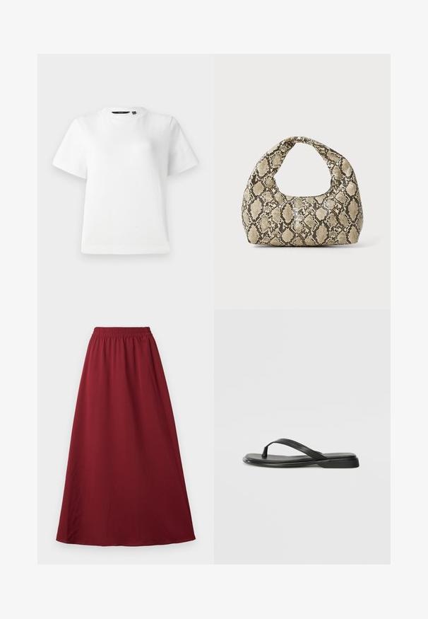 Tricou alb cu mânecă scurtă, dintr-un material de bumbac fin, cu guler rotund și o croială lejeră, având tivuri cusute.; Fustă maxi burgundă cu talie elastică, realizată dintr-un material neted și fluid și având un design simplu, fără ornamente.; Sandale negre din piele netedă, cu un design cu curea subțire și o talpă plată cu un profil minimalist. Fără modele sau accente notabile.; Geantă cu imprimeu de șarpe, având un mâner curbat. Fabricată din materiale texturate, bej și maronii, cu un model distinctiv în formă de diamant.