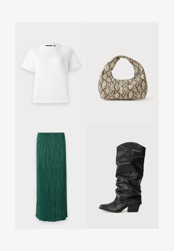 White short-sleeve T-shirt made of smooth cotton fabric, featuring a crew neckline and a relaxed fit with stitched hems.; Long green skirt featuring a textured surface with vertical pleats and a subtle sheen. It has a straight silhouette and scalloped hem.; Black leather knee-high boots with a slouched design, pointed toe, and a chunky heel, featuring smooth texture and minimal stitching.; Snake-print handbag with a curved handle. Made from textured, beige and brown materials, featuring a distinctive diamond pattern.