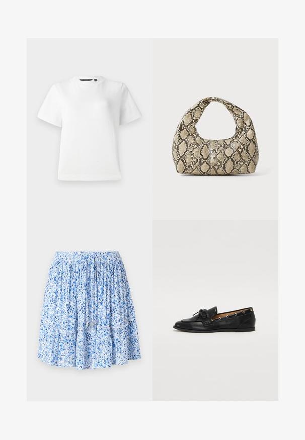 White short-sleeve T-shirt made of smooth cotton fabric, featuring a crew neckline and a relaxed fit with stitched hems.; Light blue skirt featuring a floral and paisley print, gathered elastic waistband, tiered ruffles, and drawstring accents with metallic ends.; Black leather loafers with a tied bow, featuring gold eyelet accents along the sides and a flat rubber sole. Smooth texture, classic design.; Snake-print handbag with a curved handle. Made from textured, beige and brown materials, featuring a distinctive diamond pattern.