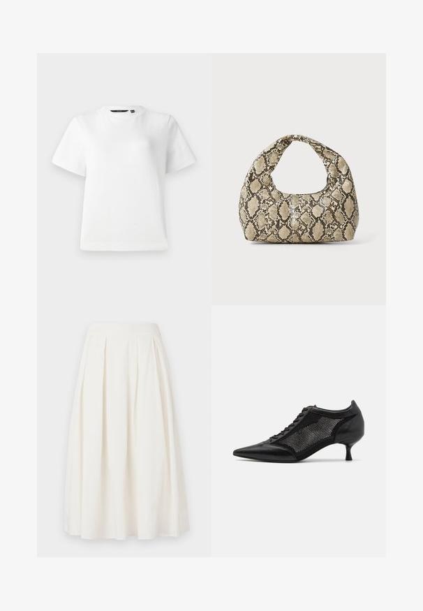 Hvit kortermet T-skjorte laget av glatt bomullsstoff, med rund hals og en avslappet passform med sømmer.; Hvit plisséskjørt laget av bomull, med et midtlengde design, glatt midjebånd og A-linje silhuett.; Svart spiss tå-sko med meshpaneldesign, med lav hæl og snøring foran. Laget av en kombinasjon av lær og meshmateriale.; Veske med slangeskinnmønster og krummet håndtak. Laget av teksturerte, beige og brune materialer, med et særegent diamantmønster.