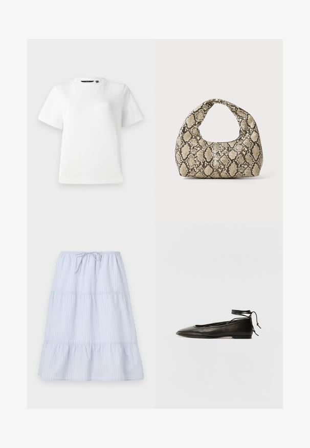 Fehér, rövid ujjú póló sima pamut anyagból, kör alakú nyakkivágással és laza szabással, varrott szegéllyel.; Világoskék, rétegelt szoknya fehér függőleges csíkokkal, gumis derékkal és masnival, puha anyagból, fodros szegéllyel.; Fekete bőr balettcipők hegyes orral, bokakötővel és lapos talppal, sima textúrával és minimalista dizájnnal.; Kígyómintás kézitáska ívelt fogantyúval. Texturált, bézs és barna anyagból készült, jellegzetes gyémántmintával.