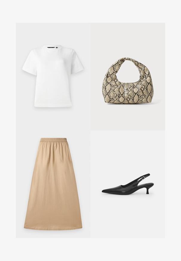 White short-sleeve T-shirt made of smooth cotton fabric, featuring a crew neckline and a relaxed fit with stitched hems.; Beige maxi skirt made of lightweight fabric, featuring an elastic waistband and smooth texture, with a straight, flowing design.; Black leather slingback shoe with a pointed toe and a slim, curved heel. Features a discrete adjustable strap with a metal buckle.; Snake-print handbag with a curved handle. Made from textured, beige and brown materials, featuring a distinctive diamond pattern.