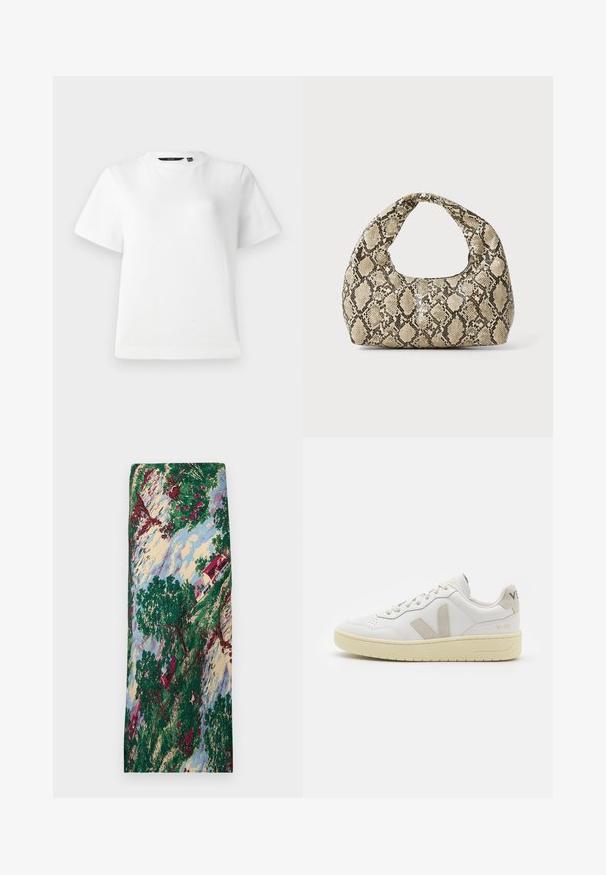 Biała koszulka z krótkim rękawem, wykonana z gładkiej bawełny, z okrągłym dekoltem i luźnym fasonem, z przeszywanymi brzegami.; Wzorzysta tkanina przedstawiająca pejzaż z zielonymi drzewami, czerwonymi kwiatami, domem z czerwoną dachówką i niebieskim niebem. Gładka faktura.; Białe skórzane trampki z beżowymi zamszowymi akcentami, perforowanym noskiem, płaskimi sznurowadłami i teksturowaną kremową podeszwą. Posiadają subtelne logo na pięcie.; Torebka w wężowy wzór z zakrzywionym uchwytem. Wykonana z teksturowanych, beżowych i brązowych materiałów, z charakterystycznym wzorem w diamenty.