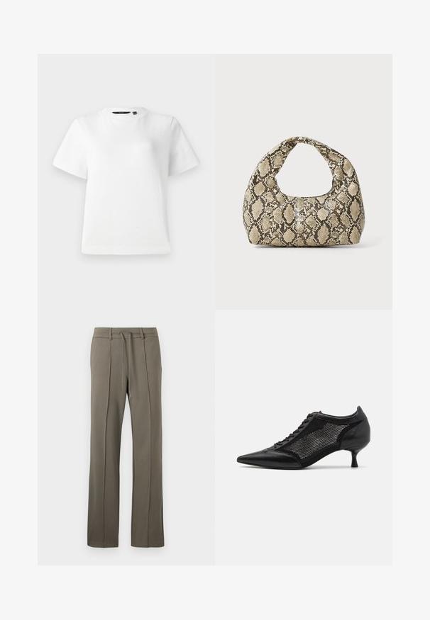 Bela kratka majica z dolgimi rokavi, izdelana iz gladkega bombažnega blaga, z okroglim izrezom in sproščenim krojem ter šivanimi robovi.; Khaki hlače s ravnim krojem, vrvico za prileganje in dvema sprednjima naborkoma. Narejene iz mehke, teksturirane tkanine.; Črne čevlje z ostro nosom, zasnovane z mrežnim panelom, z nizko peto in vezalkami spredaj. Narejeni so iz kombinacije usnja in mrežnega materiala.; Torba z vzorom kače s ukrivljenim ročajem. Narejena iz teksturiranih, bež in rjavih materialov, ki imajo značilen diamante vzorec.
