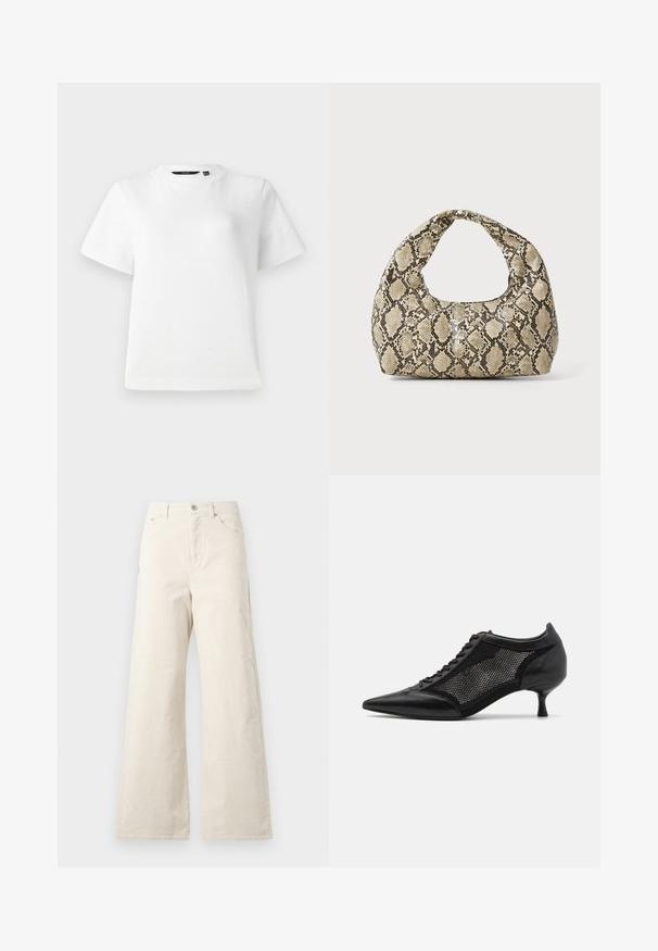 Witte T-shirt met korte mouwen van glad katoen, voorzien van een ronde halslijn en een ontspannen pasvorm met gestikte naden.; Beige wijde broek van katoen, met een knoopsluiting aan de voorkant, zijzakken en een gladde textuur. Minimalistisch ontwerp zonder patronen.; Zwarte schoen met spitse neus en een ontwerp met gaaspanelen, voorzien van een lage hak en vetersluiting. Gemaakt van een combinatie van leer en gaasmateriaal.; Slangpatroon handtas met een gebogen handvat. Gemaakt van gestructureerde, beige en bruine materialen, met een kenmerkend ruitpatroon.