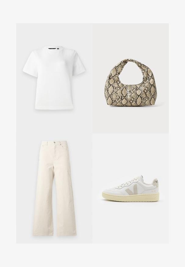 Biała koszulka z krótkim rękawem, wykonana z gładkiej bawełny, z okrągłym dekoltem i luźnym fasonem, z przeszywanymi brzegami.; Beżowe spodnie o szerokich nogawkach wykonane z bawełny, z zapięciem na guzik z przodu, bocznymi kieszeniami i gładką fakturą. Minimalistyczny design bez wzorów.; Białe skórzane trampki z beżowymi zamszowymi akcentami, perforowanym noskiem, płaskimi sznurowadłami i teksturowaną kremową podeszwą. Posiadają subtelne logo na pięcie.; Torebka w wężowy wzór z zakrzywionym uchwytem. Wykonana z teksturowanych, beżowych i brązowych materiałów, z charakterystycznym wzorem w diamenty.