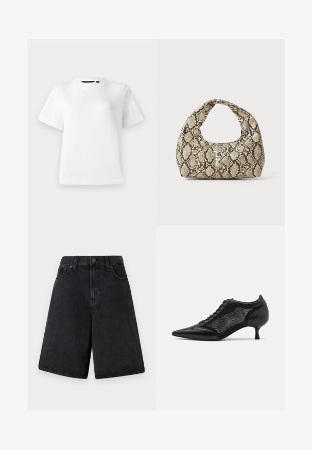 T-shirt blanc à manches courtes en tissu de coton lisse, avec un col rond et une coupe décontractée, ornée de coutures sur les bords.; Shorts en denim noir à coupe décontractée, avec une taille haute, un design à cinq poches et une fermeture à bouton à l'avant.; Chaussure noire à bout pointu avec un design en panneau en maille, présentant un petit talon et un laçage à l'avant. Fabriquée à partir d'une combinaison de cuir et de matériau en maille.; Sac à main en motif serpent avec une poignée incurvée. Fabriqué à partir de matériaux texturés beiges et bruns, présentant un motif en diamant distinctif.